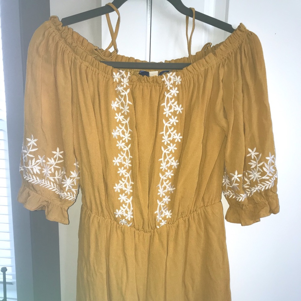Blue Rain mustard yellow over shoulder romper